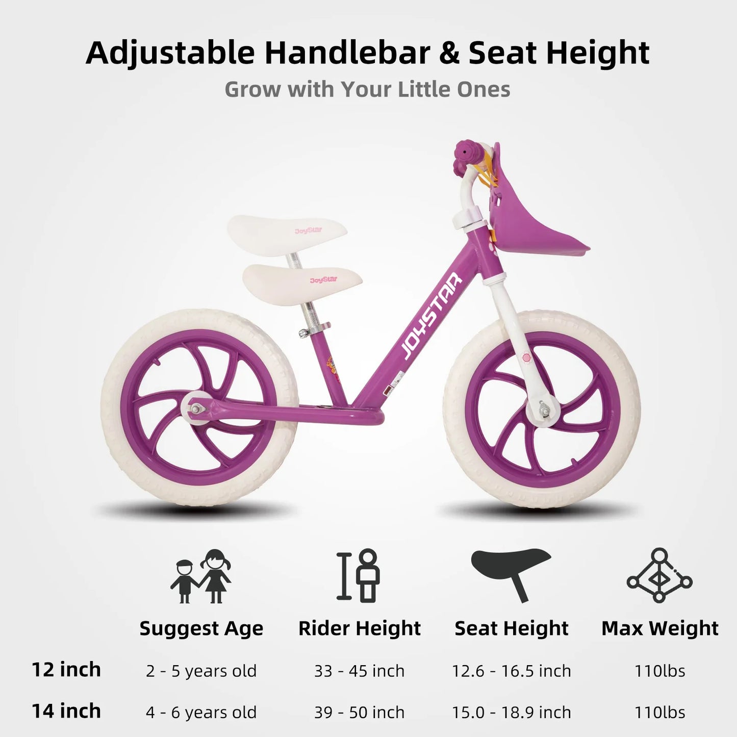 JOYSTAR 12/14 Inch Kids Balance Bike for 18months-5 Years, Lightweight Toddler Balance Bikes with Footrest and Handlebar, Purple