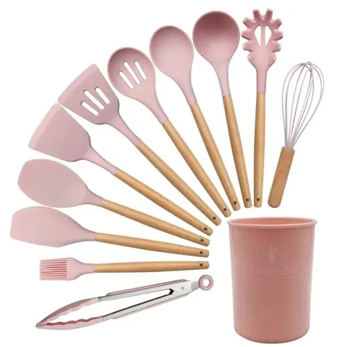 12 Piece Silicone Kitchen Utensils Set With Wood Handles