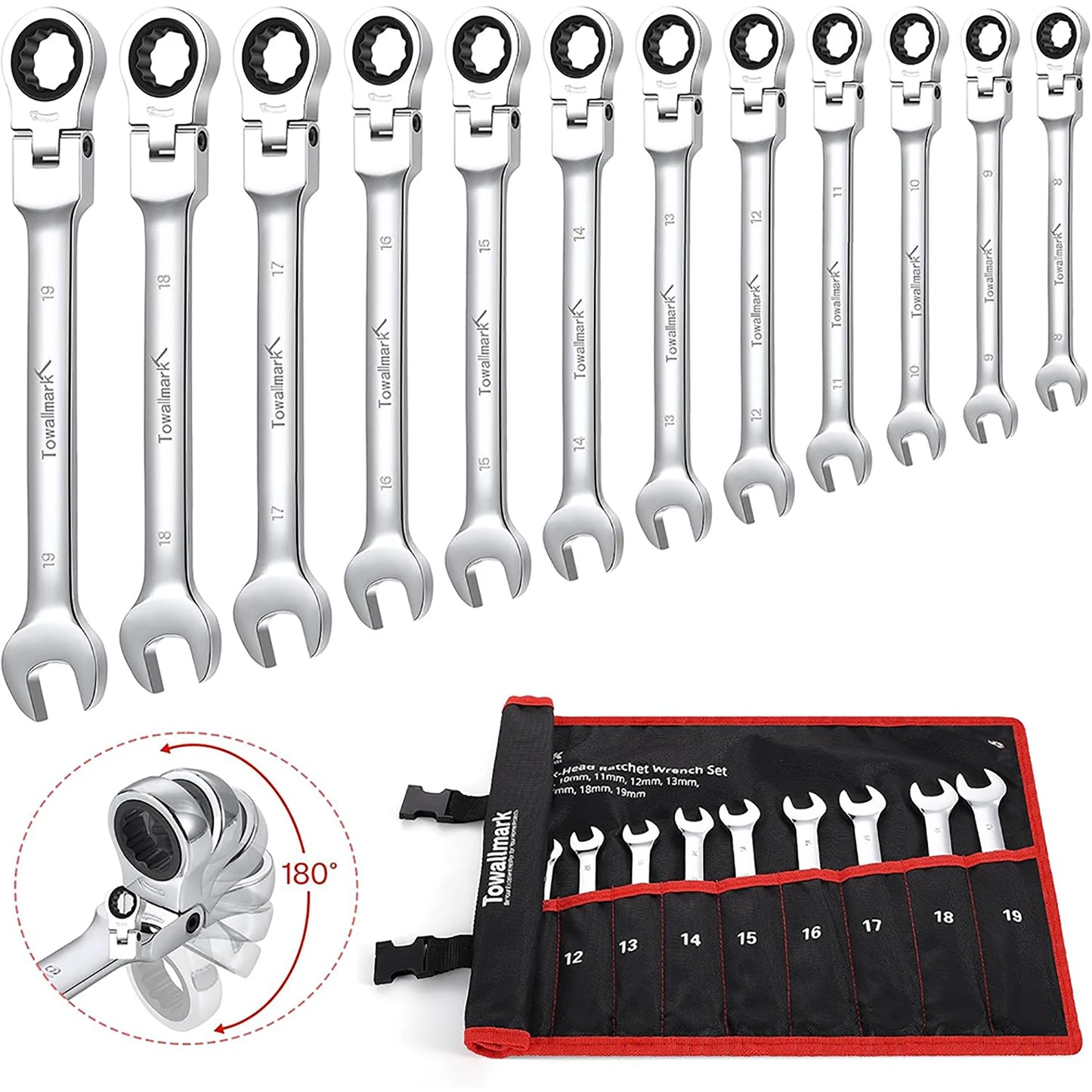 12-Piece Flex-Head Wrench Set, Ratcheting Combination Set, Metric 8-19mm, 72-Teeth,Cr-V Steel Ratchet Wrenches Set with Bag