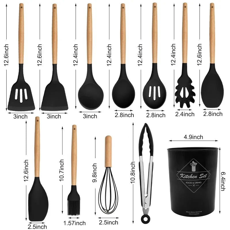 12 Piece Silicone Kitchen Utensils Set With Wood Handles