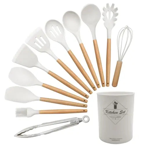 12 Piece Silicone Kitchen Utensils Set With Wood Handles
