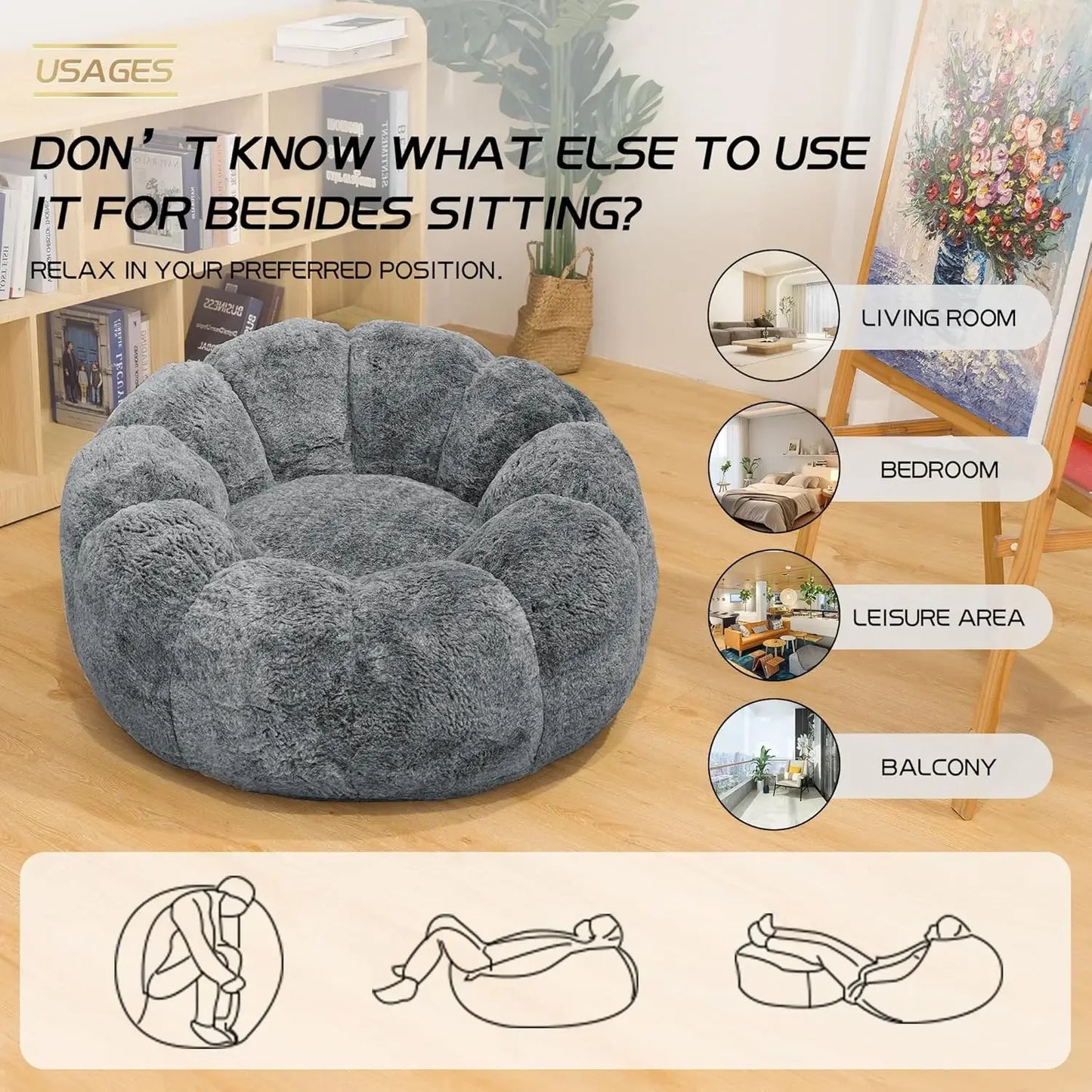 Bean Bag Chair with Filler, Faux Fur Comfy Chair with Petal Armrest Fluffy Lounge Chair for Bedroom, Living Room, Dorm, Game - G