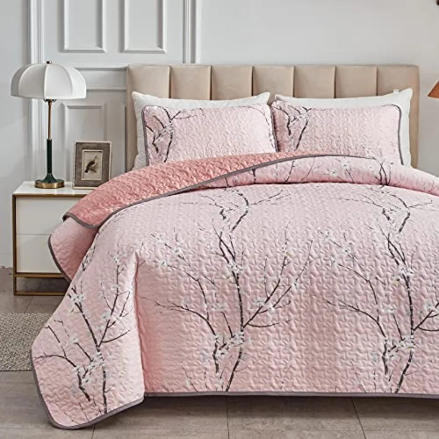 3 Pieces Reversible Quilt Set Queen Full Size 88x88 Soft Microfiber Lightweight Coverlet Bedspread Summer Comforter Set Bed Cov