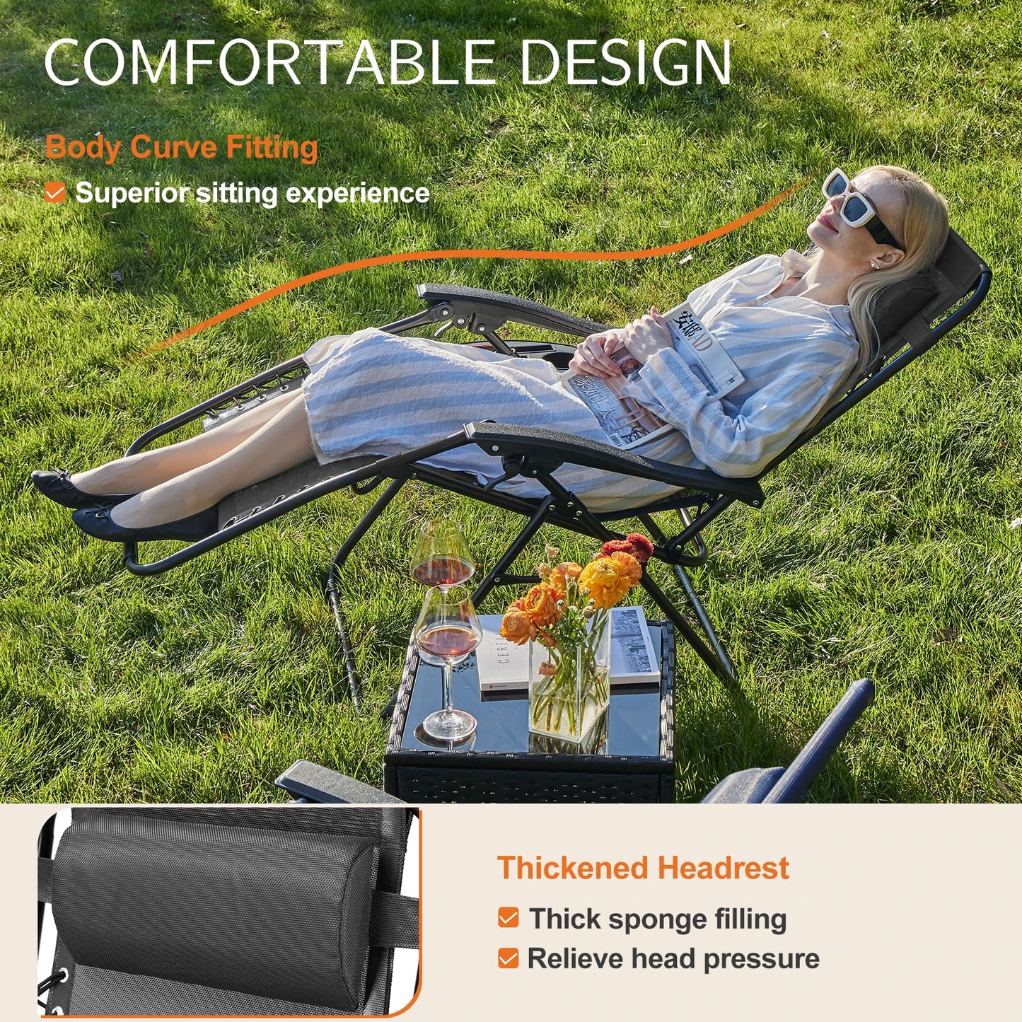 JHK Zero Gravity Portable Recliner Set With Cup Holder Trays
