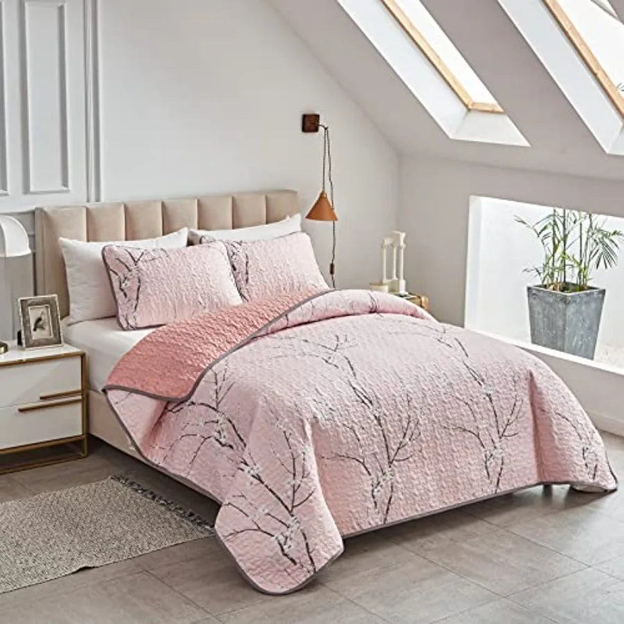 3 Pieces Reversible Quilt Set Queen Full Size 88x88 Soft Microfiber Lightweight Coverlet Bedspread Summer Comforter Set Bed Cov