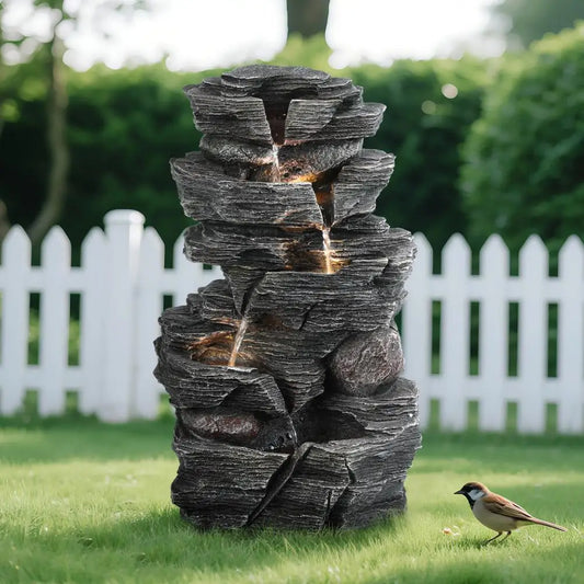 Outdoor Water Fountain with LED Warm Light Cascading Rock Water Fountain Patio Water Features Fountain Garden Waterfall Decor