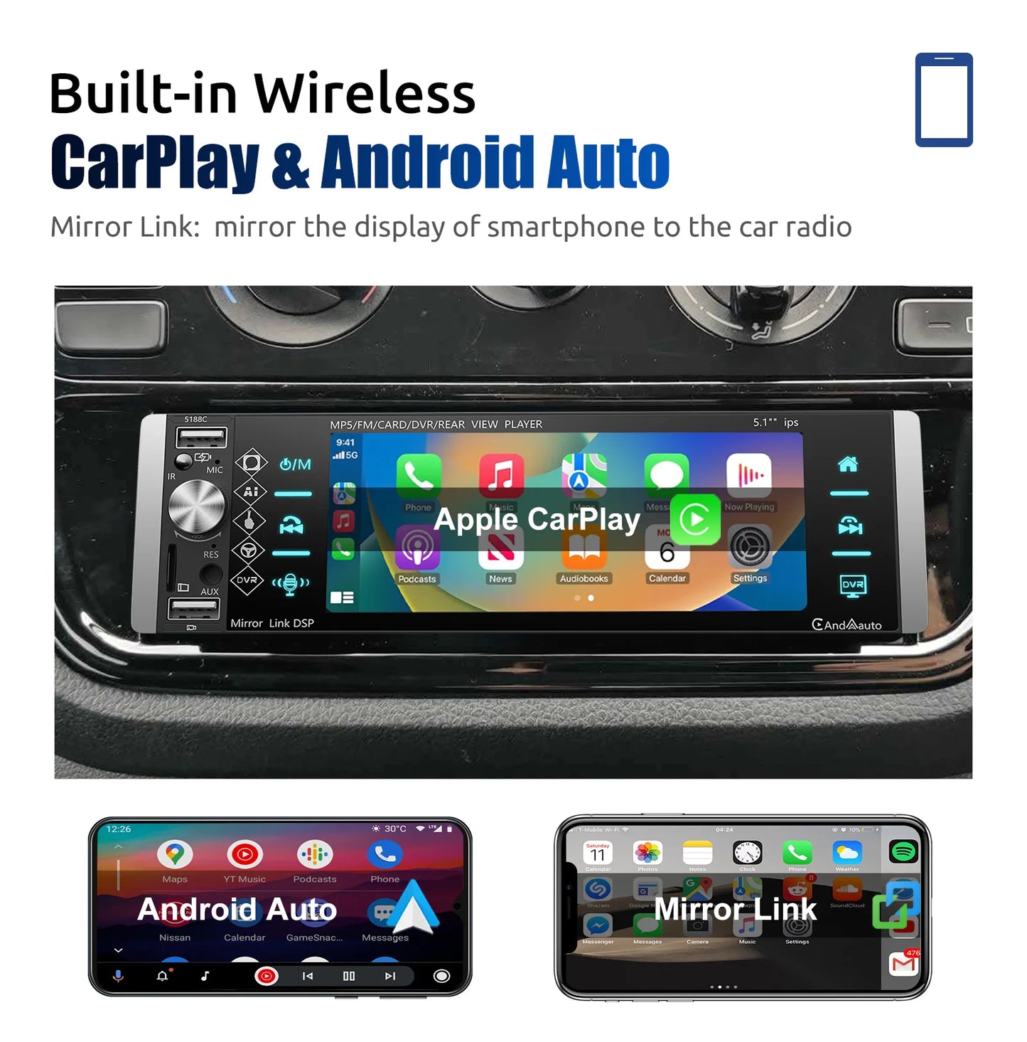 ESSGOO Car Stereo Single Din With Apple CarPlay Android Auto