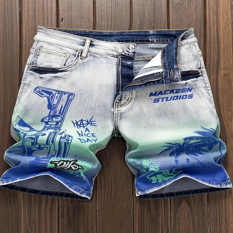 New European and American vintage Hawaiian style printed ripped jeans