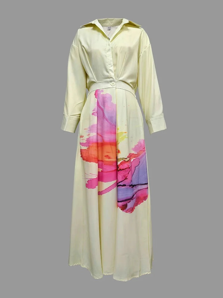 OSHOPLIVECN Floral Lapel Collar Pleated A Line Dress