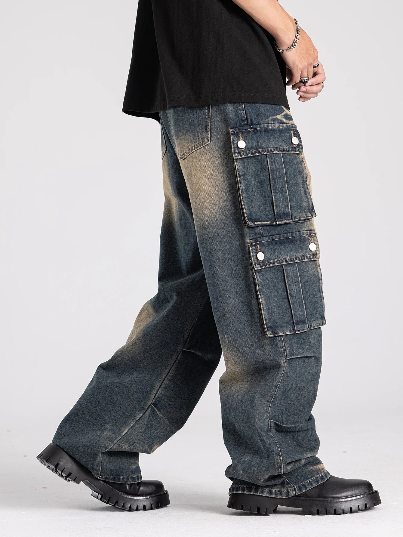 CN Zhejiang Mens Washed Cargo Baggy Jeans Denim Pants