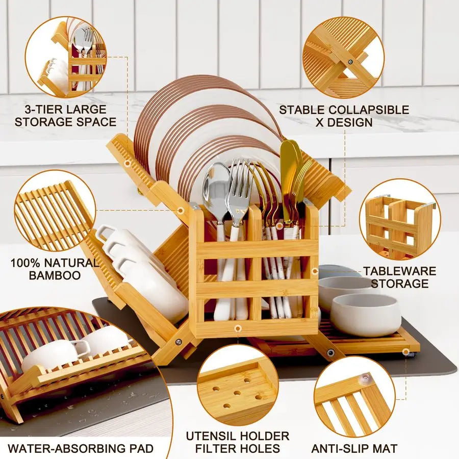 Bamboo Dish Drying Rack with Utensil Holder, 3 Tier Collapsible Dish Rack, Wooden Dish Racks for Kitchen Counter, Large Folding