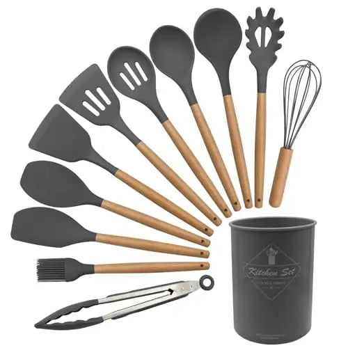 12 Piece Silicone Kitchen Utensils Set With Wood Handles