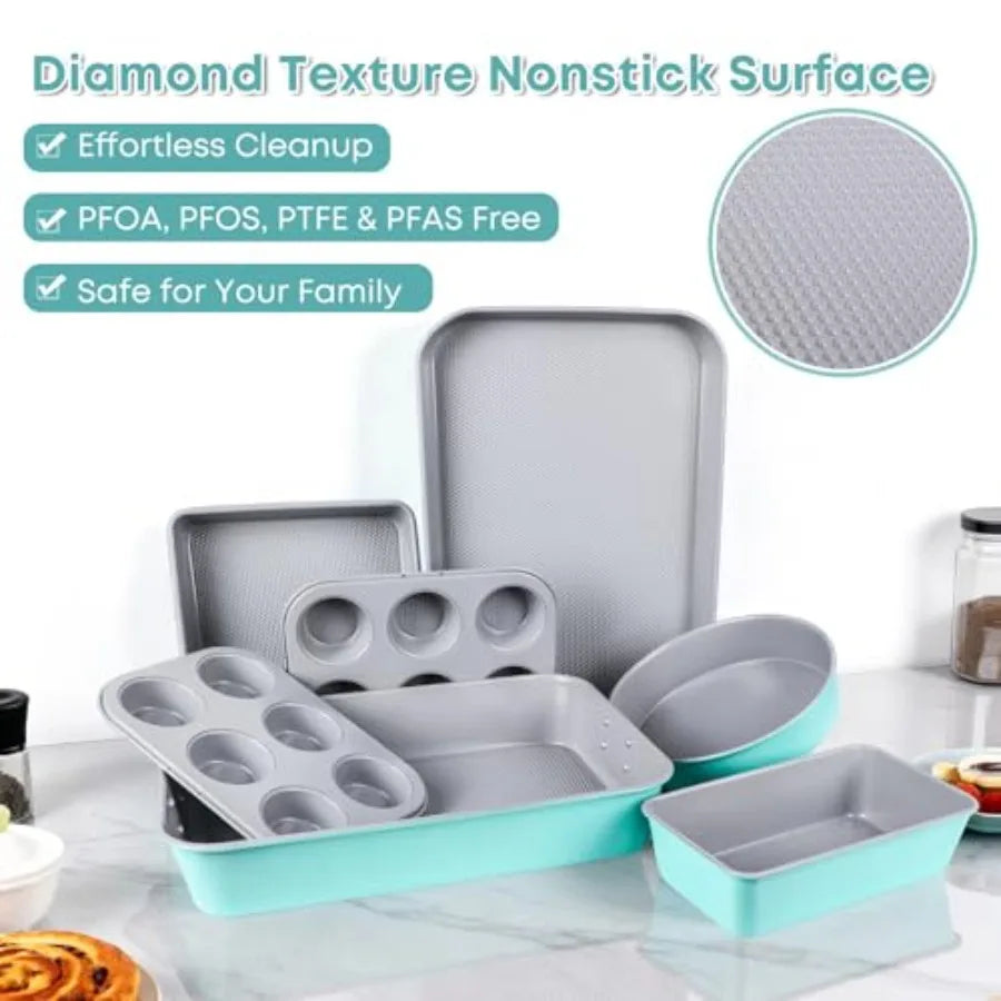 21-pieces Stackable Nonstick Bakeware Set PTFE/PFOA/PFOS Free Baking Pans Set with Silicone Cup Oven Mitt Complete Kitchen Baki