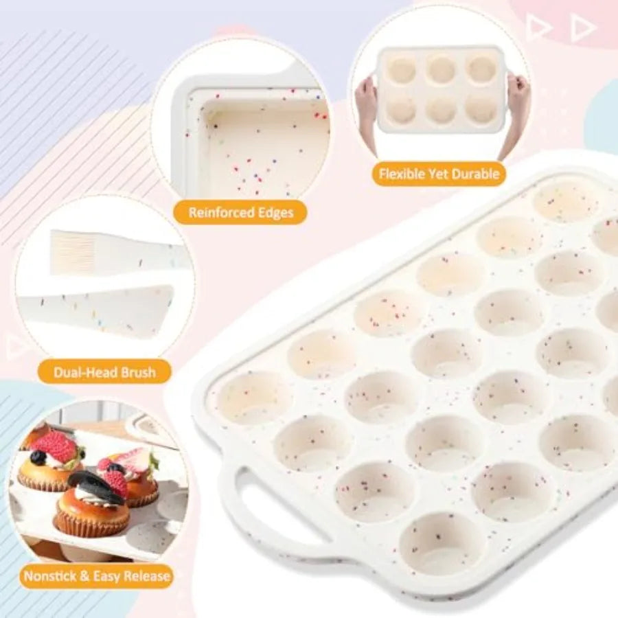 7 Pcs Silicone Baking Pan Set Nonstick Bakeware Set with 4 Molds Loaf Muffin Mini Muffin Round Spatula Dual-head Pastry Brush O