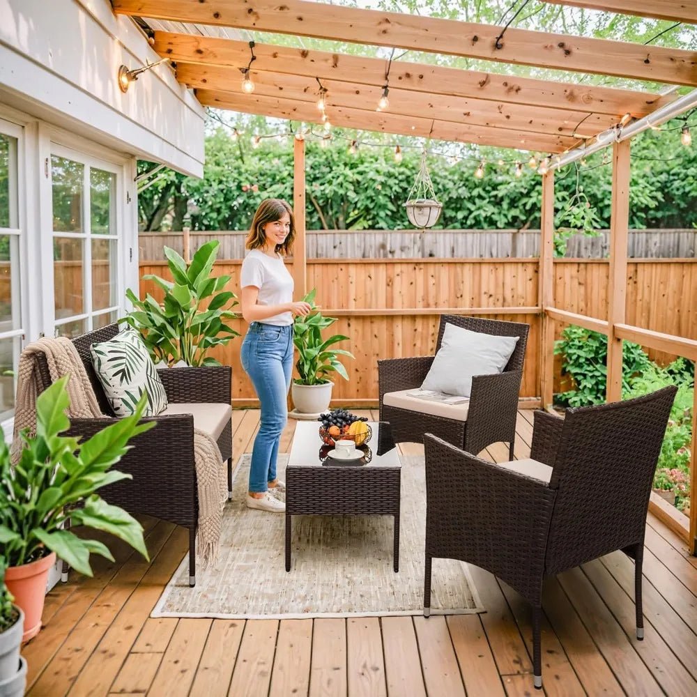 4 Pieces Outdoor Patio Furniture Sets Rattan Chair Wicker Set, Outdoor Indoor Use Backyard Porch Garden Poolside Balcony Furnit