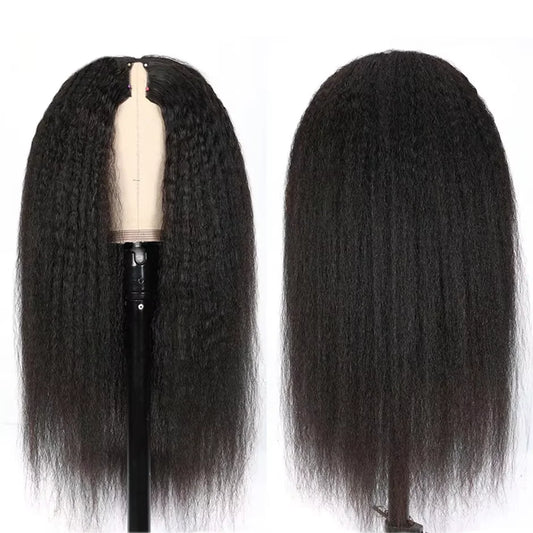 V Part Kinky Straight Wig Human Hair 220% Density 32 40 Inch V Shape Clip in Half Wigs No Leave Out No Sew In Wig Natural Color