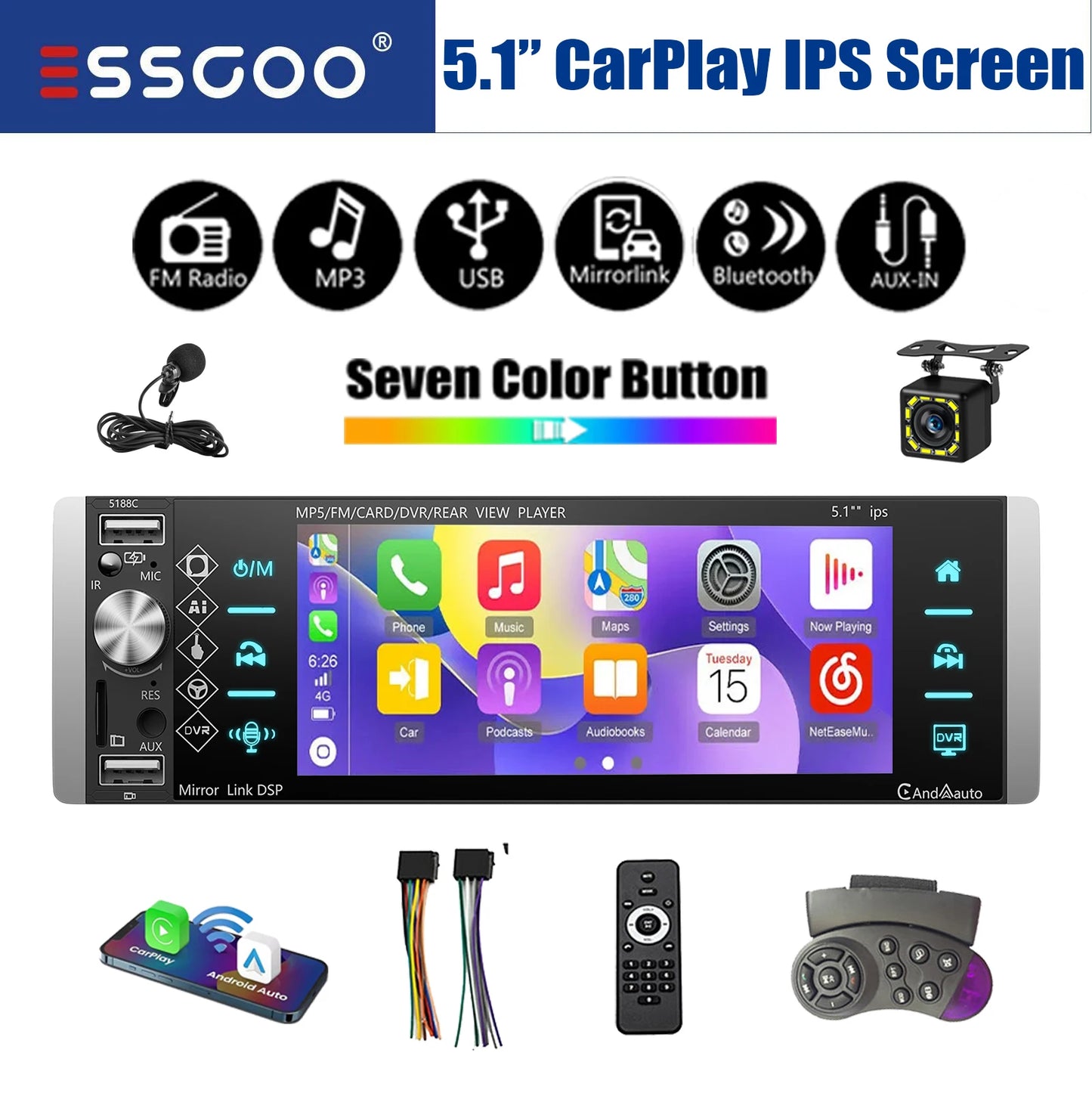 ESSGOO Car Stereo Single Din With Apple CarPlay Android Auto
