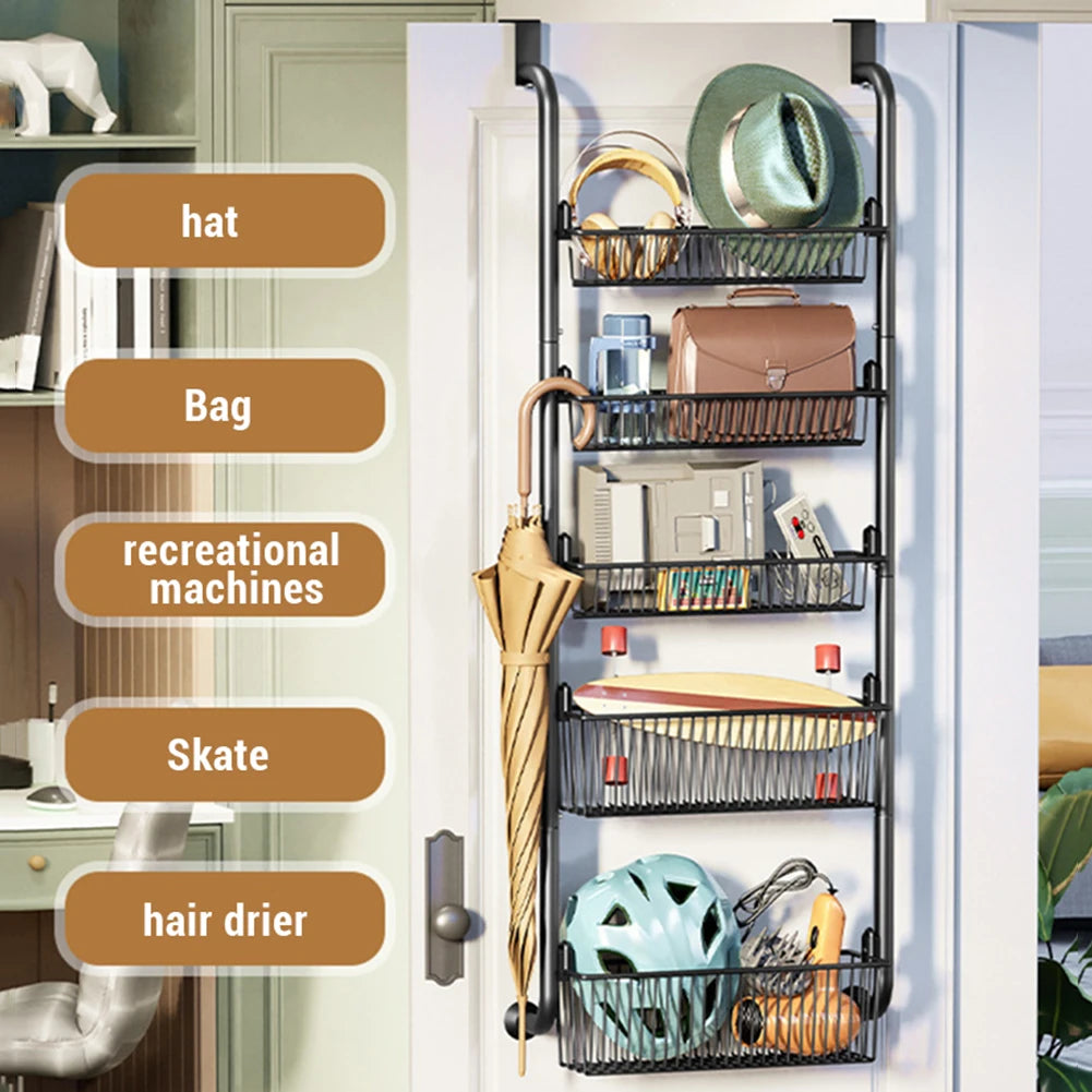 Over The Door Storage Organizer, Metal Hanging Shelf with Adjustable Basket for Bedroom & Kitchen, Space-Saving Door Organizer