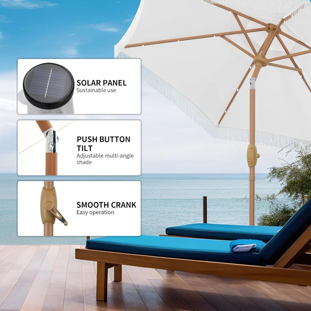 7.5 ft Fringe Patio Umbrella with Base, Stylish Tassel Umbrella with 18 LED Solar Lights for Outdoor Shade and Illumination,