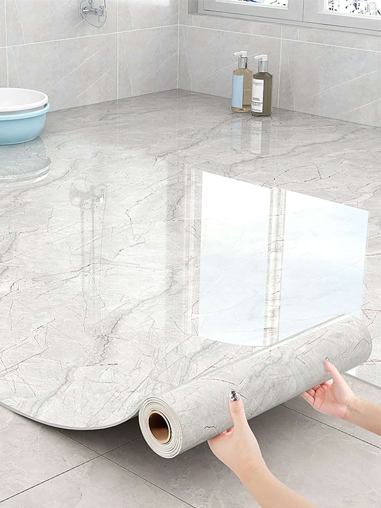 Imitation Marble Floor Tiles, Simple Self-Adhesive Wallpaper, DIY Peel and Stick, Waterproof, Non-Slip, Wear-Resistant Decorativ