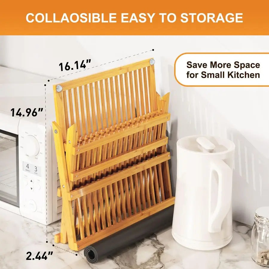 Bamboo Dish Drying Rack with Utensil Holder, 3 Tier Collapsible Dish Rack, Wooden Dish Racks for Kitchen Counter, Large Folding