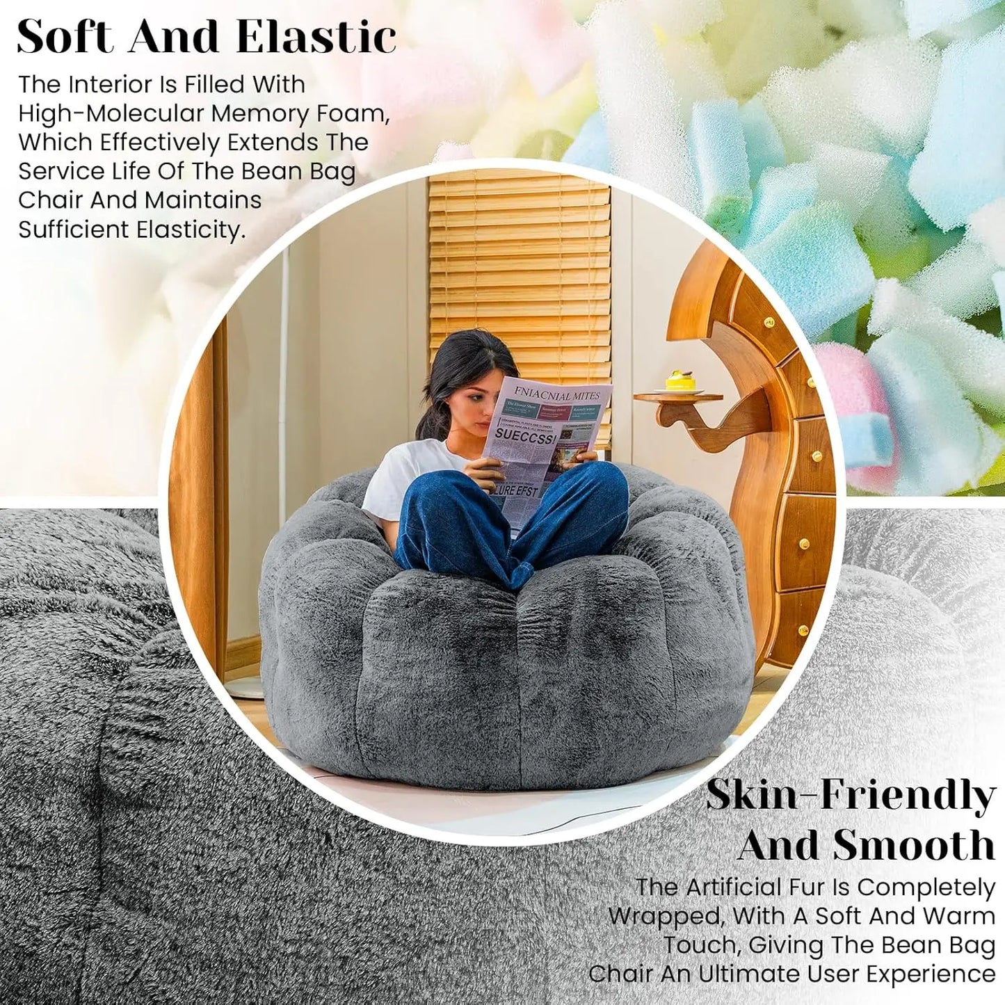 Bean Bag Chair with Filler, Faux Fur Comfy Chair with Petal Armrest Fluffy Lounge Chair for Bedroom, Living Room, Dorm, Game - G