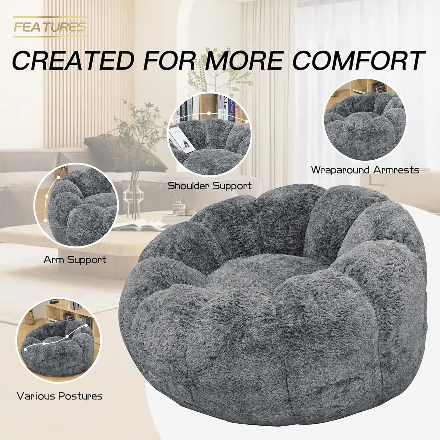 Bean Bag Chair with Filler, Faux Fur Comfy Chair with Petal Armrest Fluffy Lounge Chair for Bedroom, Living Room, Dorm, Game - G