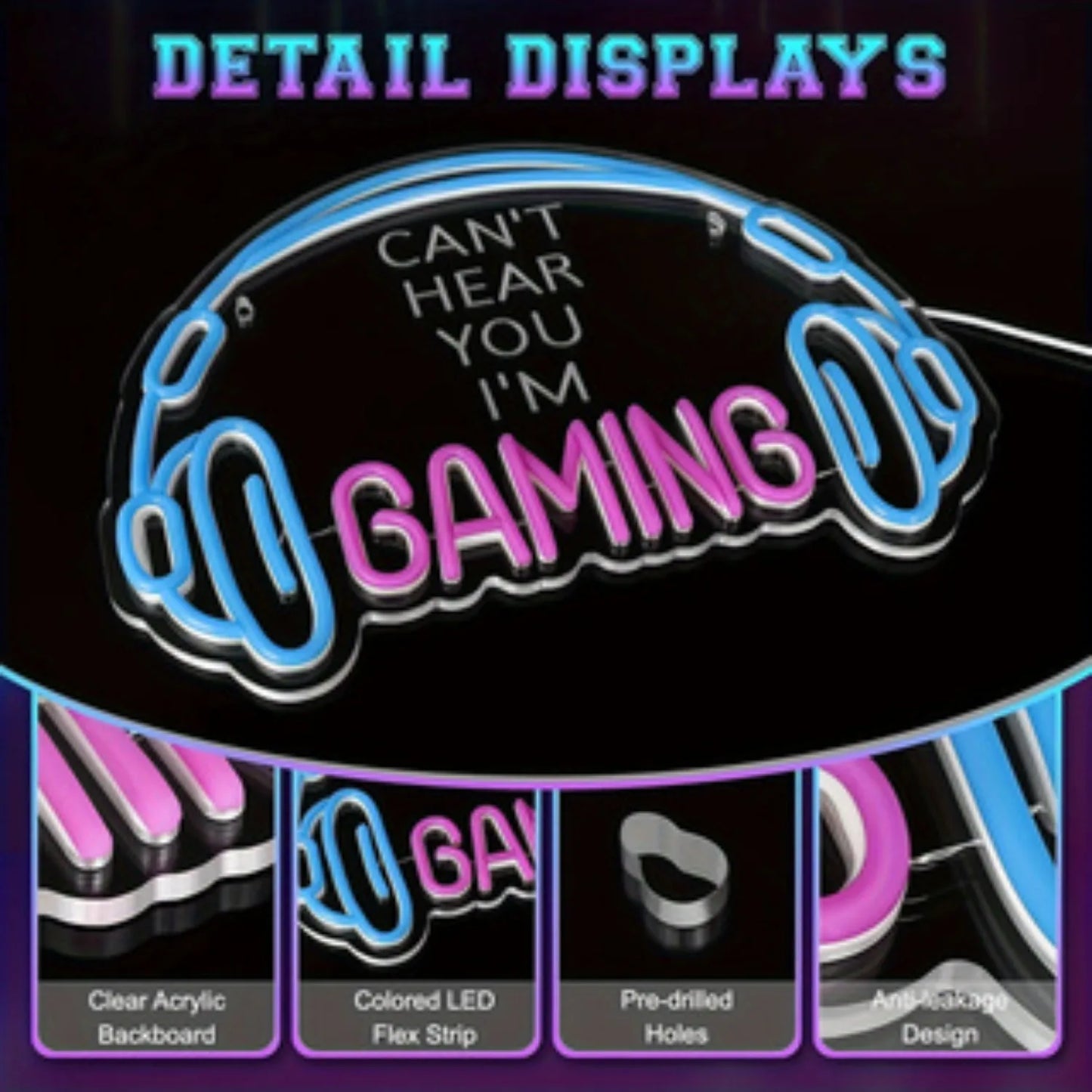 Can't Hear You I'm Gaming Neon Sign, LED Headphone Gaming Neon USB Powered Lighting Gaming Area Video Room Bedroom Wall Decor