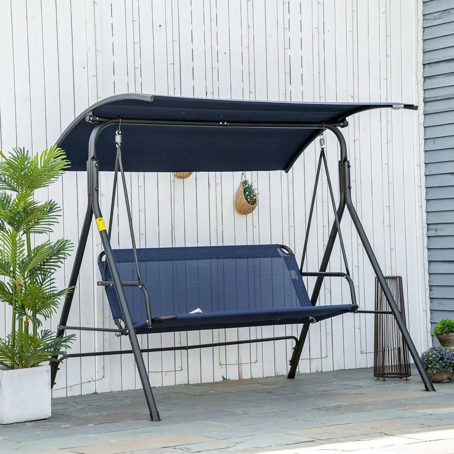 3-Person Porch Swing With Stand, Outdoor Swing For Patio Porch With Adjustable Tilt Canopy & Comfortable Swing Bench-Style Seat,