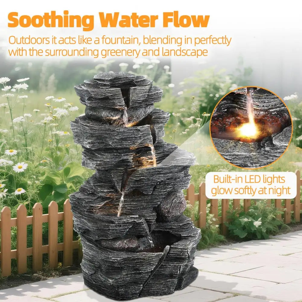 Outdoor Water Fountain with LED Warm Light Cascading Rock Water Fountain Patio Water Features Fountain Garden Waterfall Decor