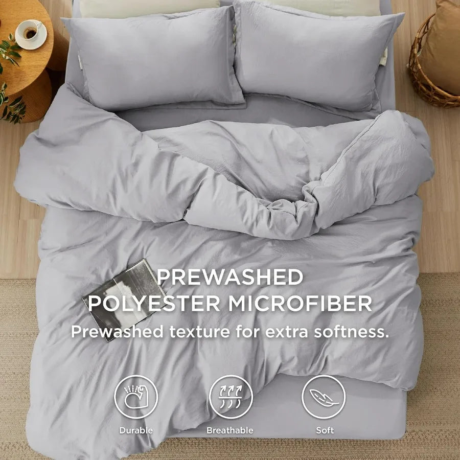 King Size Duvet Cover Set with Fitted Sheet - 4 Pieces Prewashed Cotton-Like Extra Soft Bedding in Light Grey Includes 1 Duvet