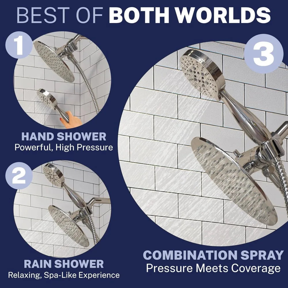 Dual Shower Head System with 8-Inch Rainfall and 3-Function Handheld, Chrome Finish, 2.5 GPM