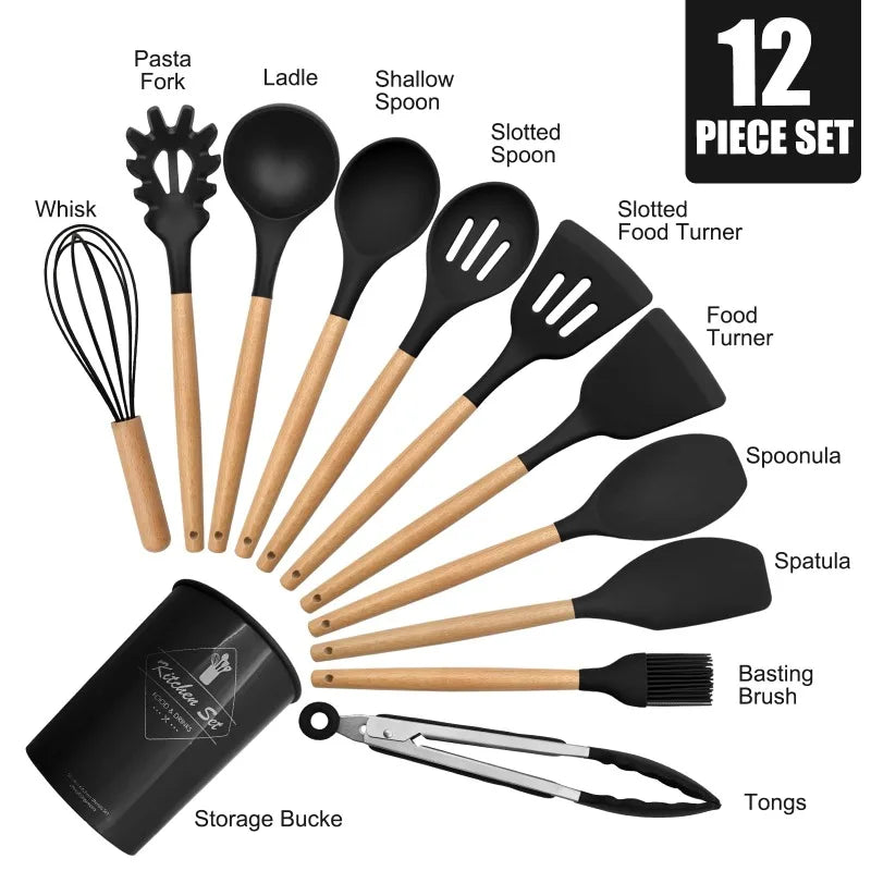 12 Piece Silicone Kitchen Utensils Set With Wood Handles
