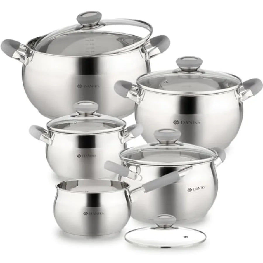 Modern 10-Piece Stainless Steel Cookware Set with Glass Lids Includes Saucepan Tri-Ply Bases for Even Heating Induction Compati