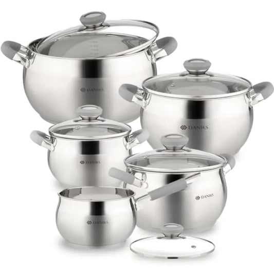Modern 10-Piece Stainless Steel Cookware Set with Glass Lids Includes Saucepan Tri-Ply Bases for Even Heating Induction Compati