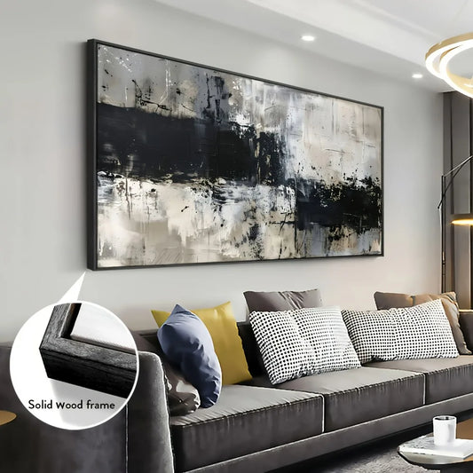 1.5 inch solid wood frame, abstract canvas mural, black and gray wall decoration, large frame, can be hung directly