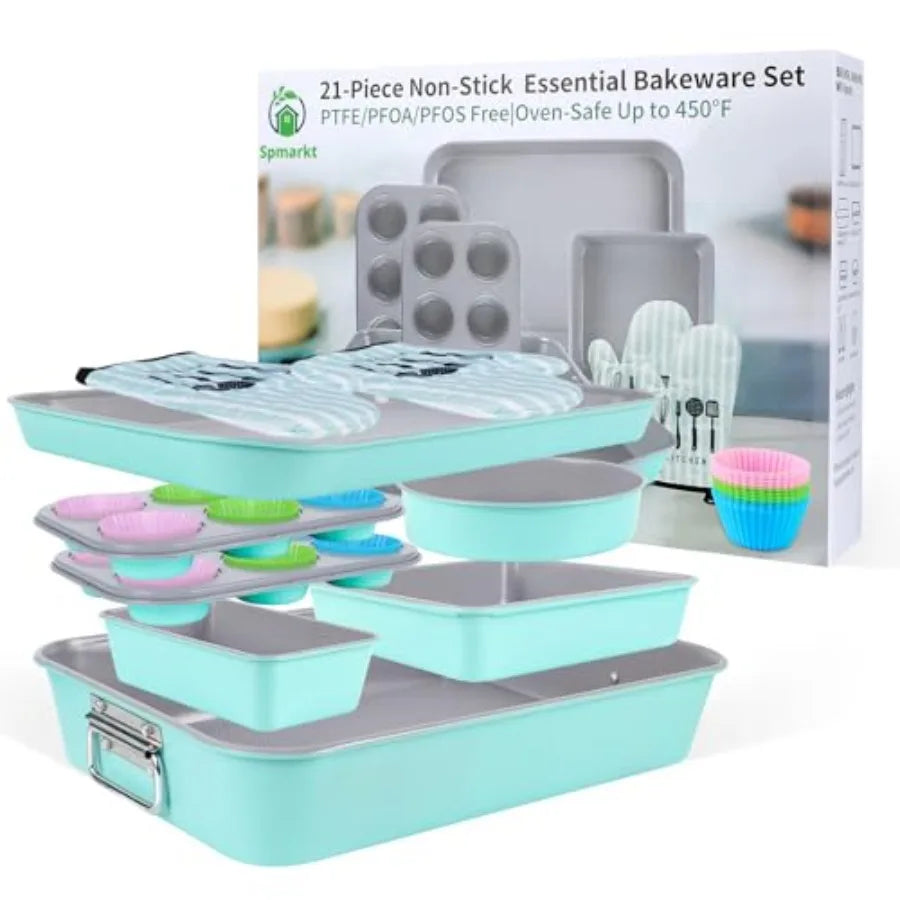21-pieces Stackable Nonstick Bakeware Set PTFE/PFOA/PFOS Free Baking Pans Set with Silicone Cup Oven Mitt Complete Kitchen Baki
