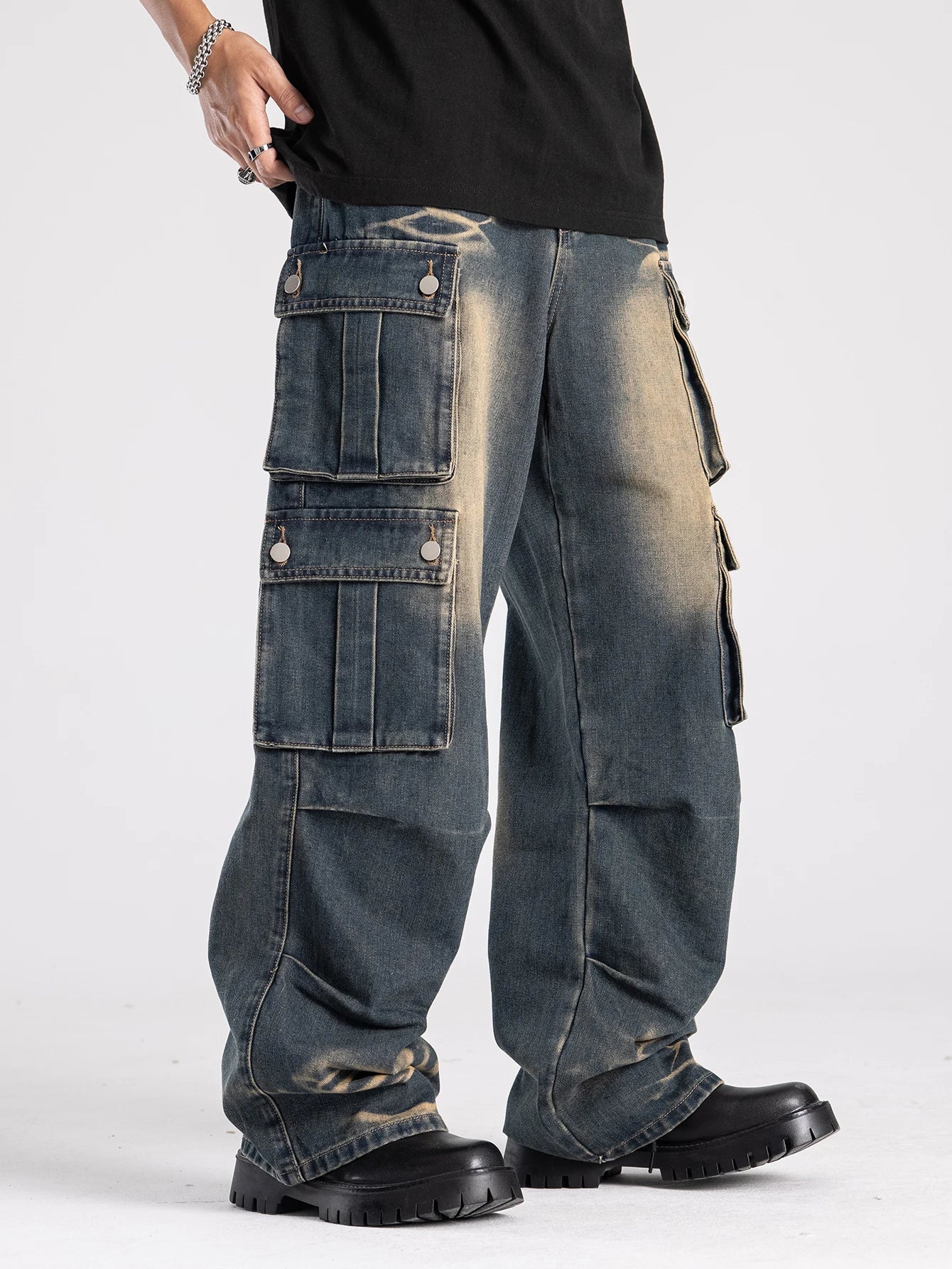 CN Zhejiang Mens Washed Cargo Baggy Jeans Denim Pants