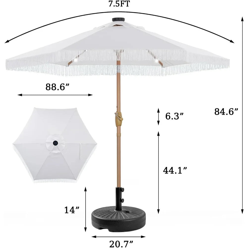 7.5 ft Fringe Patio Umbrella with Base, Stylish Tassel Umbrella with 18 LED Solar Lights for Outdoor Shade and Illumination,