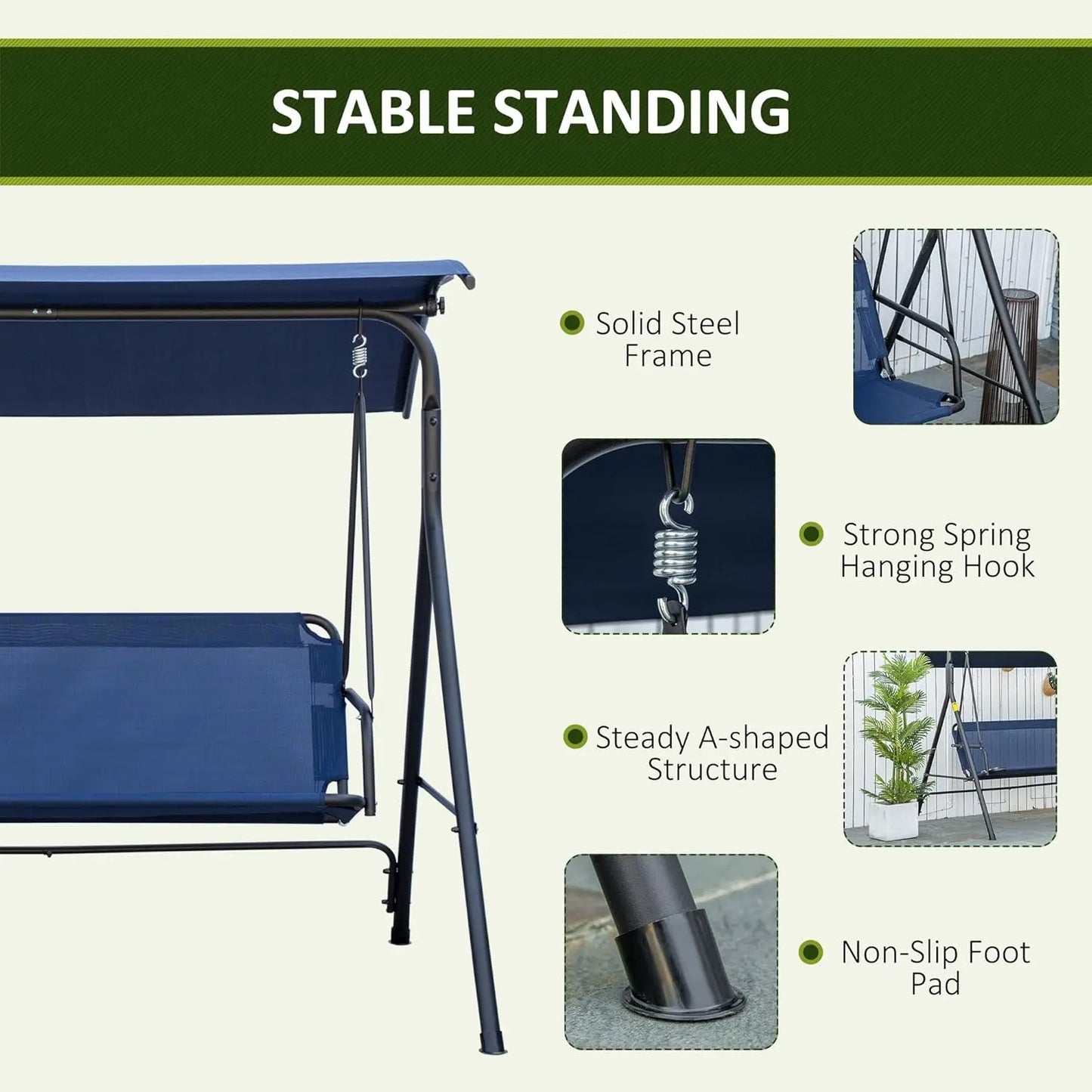 3-Person Porch Swing With Stand, Outdoor Swing For Patio Porch With Adjustable Tilt Canopy & Comfortable Swing Bench-Style Seat,
