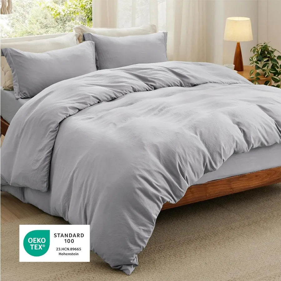 King Size Duvet Cover Set with Fitted Sheet - 4 Pieces Prewashed Cotton-Like Extra Soft Bedding in Light Grey Includes 1 Duvet