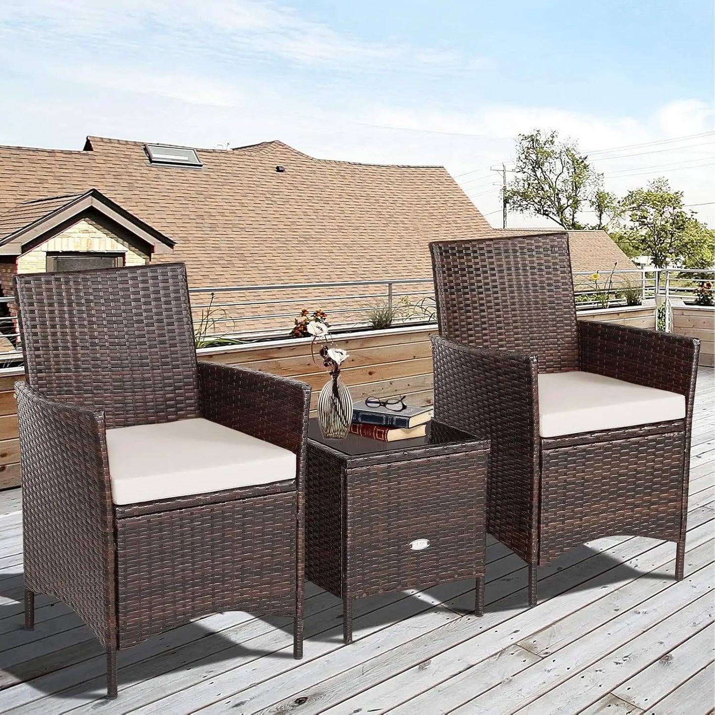 3-Piece Patio Conversation Set, Wicker Chairs with Glass Top Square  Furniture Set for Garden Backyard Balcony Poolside (White)