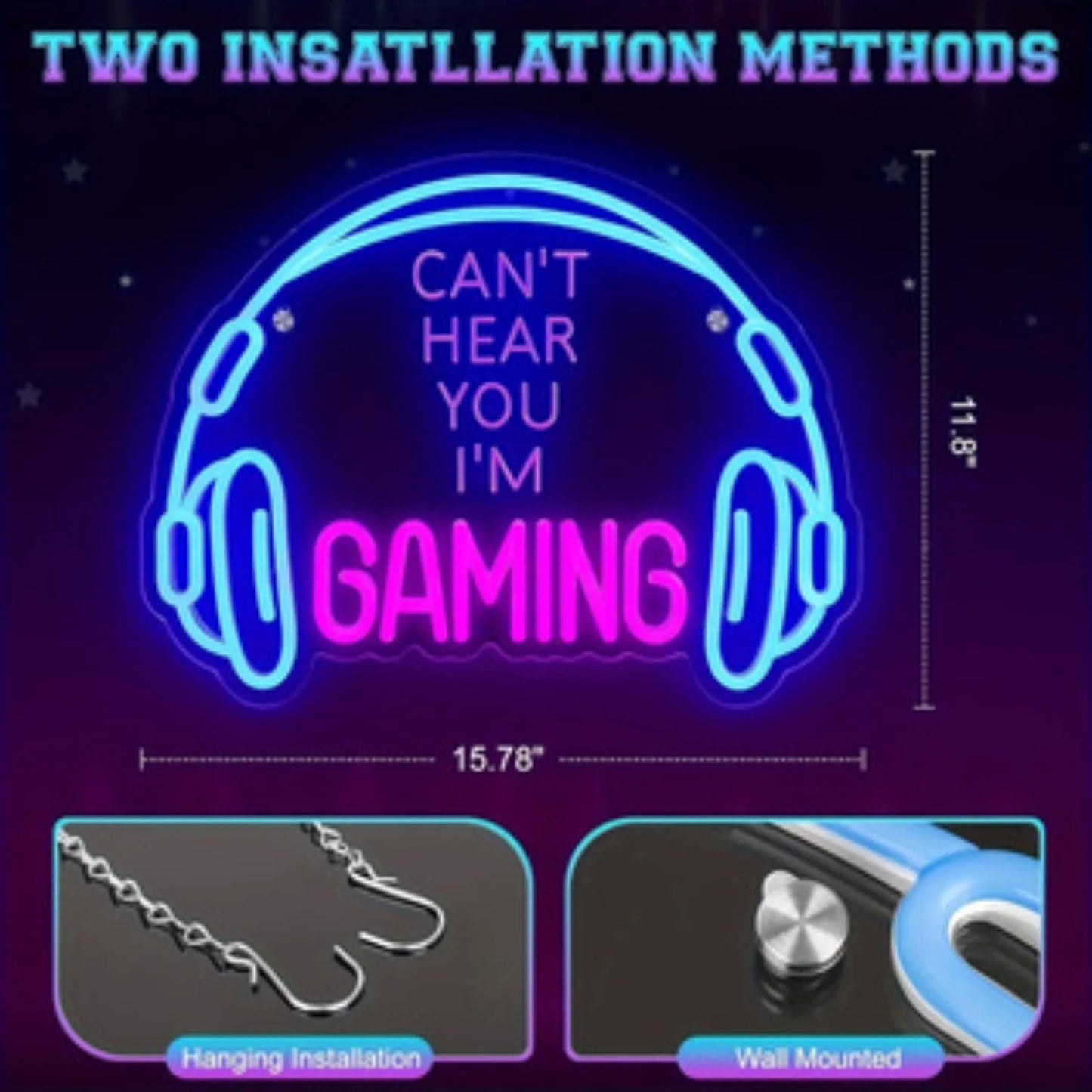 Can't Hear You I'm Gaming Neon Sign, LED Headphone Gaming Neon USB Powered Lighting Gaming Area Video Room Bedroom Wall Decor