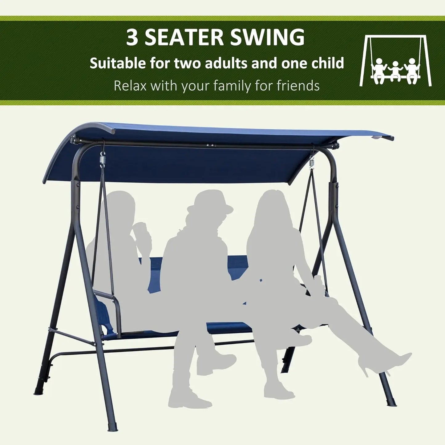 3-Person Porch Swing With Stand, Outdoor Swing For Patio Porch With Adjustable Tilt Canopy & Comfortable Swing Bench-Style Seat,
