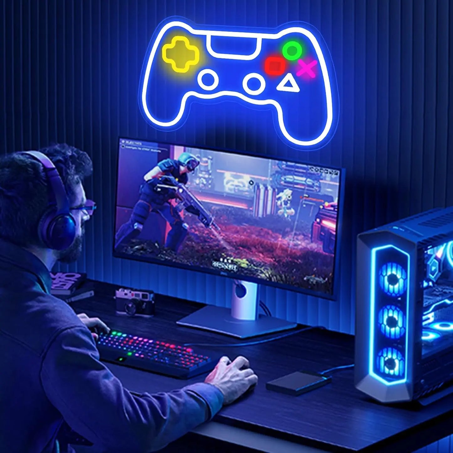 Gamer Neon Gamepad Shape Neon Gaming Sign for Boys Room, Dimmable LED Game Controller Neon USB Powered Colored Room Deco ration