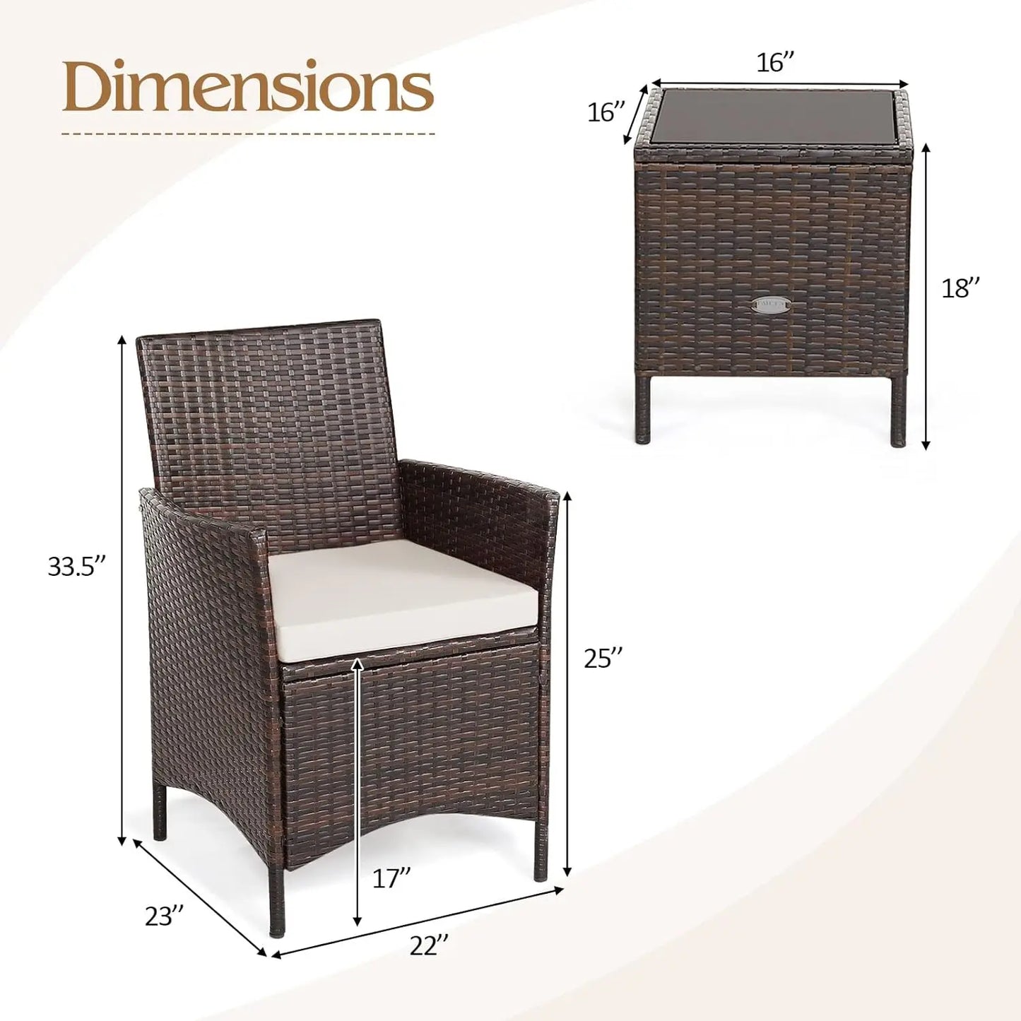 3-Piece Patio Conversation Set, Wicker Chairs with Glass Top Square  Furniture Set for Garden Backyard Balcony Poolside (White)