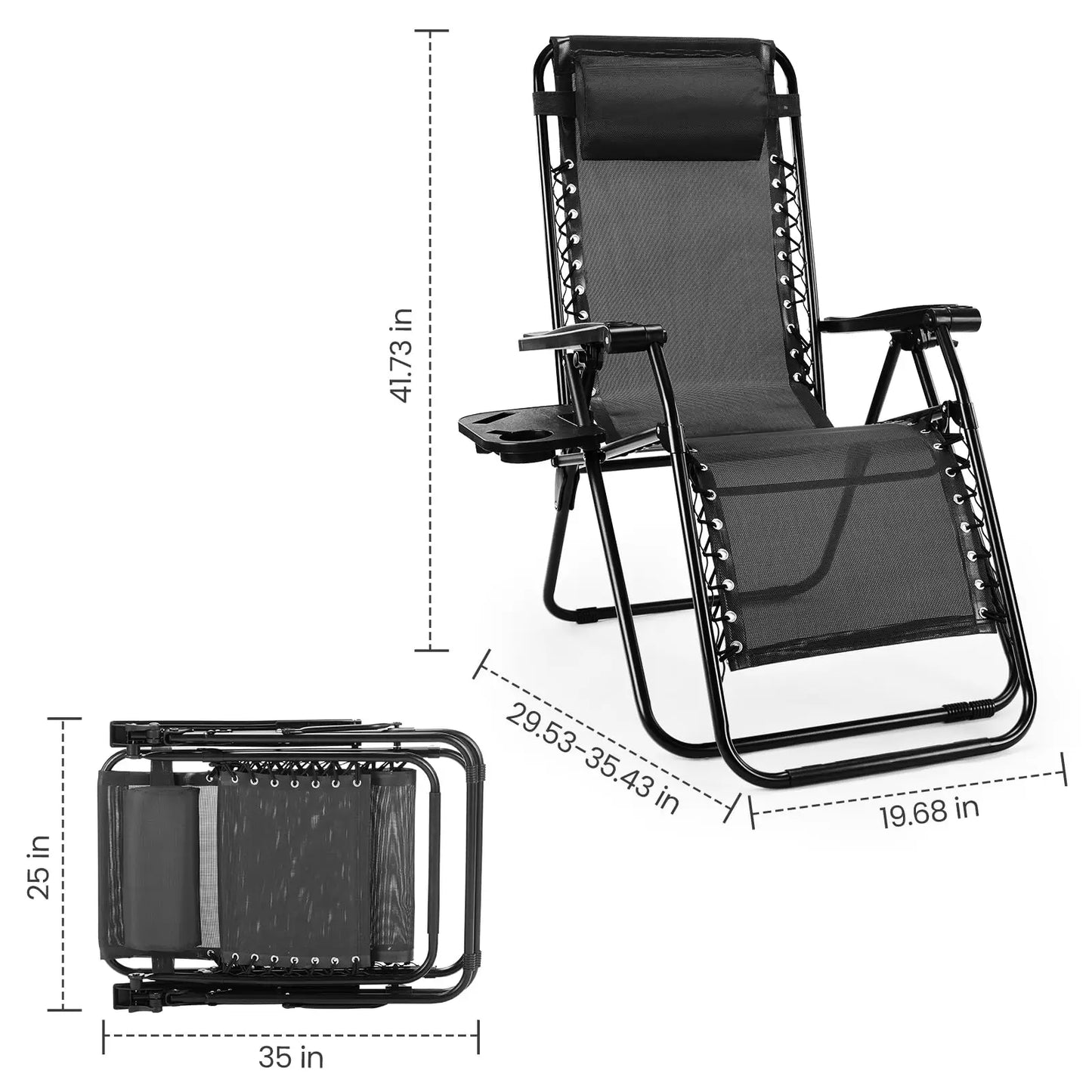 JHK Zero Gravity Portable Recliner Set With Cup Holder Trays