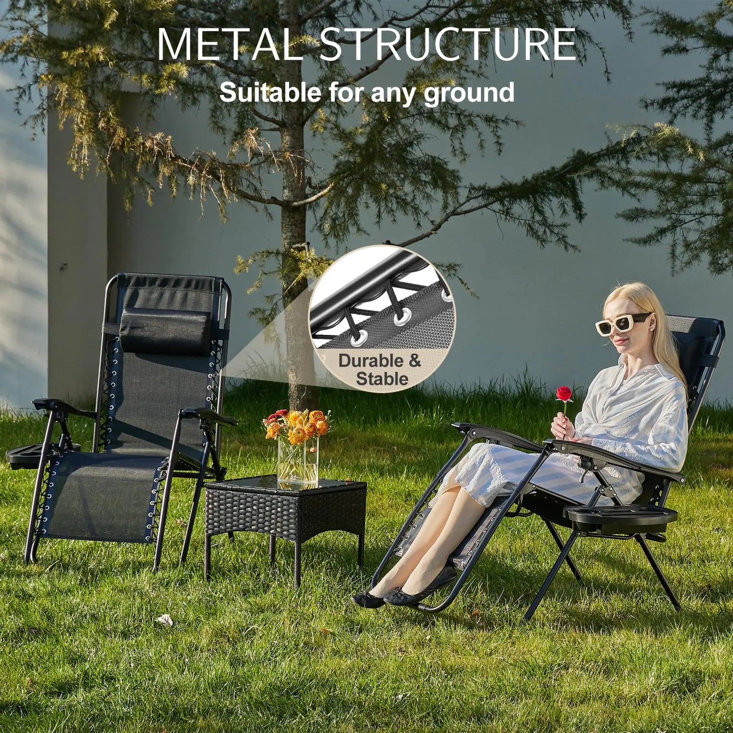 JHK Zero Gravity Portable Recliner Set With Cup Holder Trays