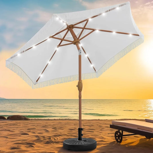 7.5 ft Fringe Patio Umbrella with Base, Stylish Tassel Umbrella with 18 LED Solar Lights for Outdoor Shade and Illumination,