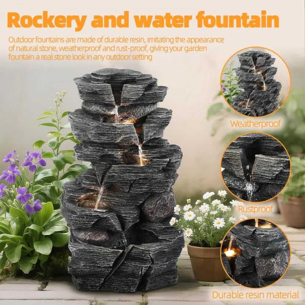 Outdoor Water Fountain with LED Warm Light Cascading Rock Water Fountain Patio Water Features Fountain Garden Waterfall Decor